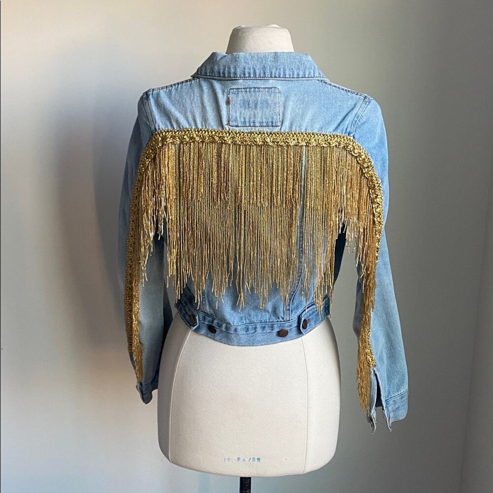 Upcycled Beaded Fringe Denim Jacket Womens Sz Extra Small Blue Gold